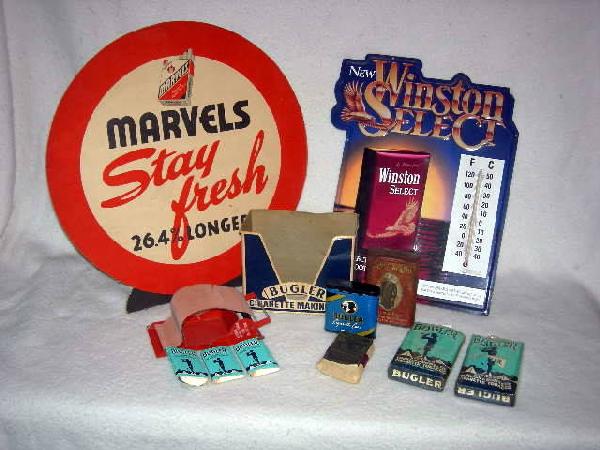 TOBACCO ADVERTISING LOT: Lot Includes Free Standing Marvels Cigarettes Cardboard Sign, 16" Diameter; New Winston Select Tin Sign w/Thermometer, 15" Tall; Bugler Cigarette Making Kit Including Original Box & Instruction Sheet,
