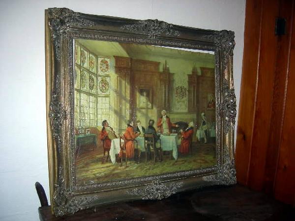 ORNATELY FRAMED PRINT: Ornately Framed Print Signed FM Bennett of Interior Colonial Scene, Enhanced w/Laquer and Texture, 32" Tall x 37.5" Wide.