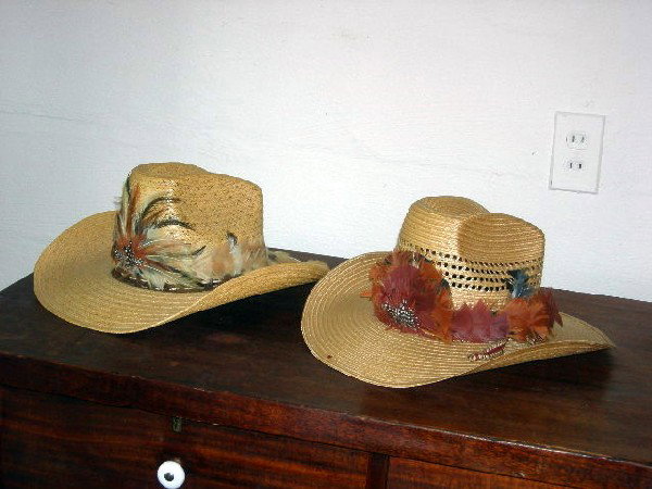2 LAREDO TEXAS HATS: Hats Include Fancy Feather Band on Straw Hat, Size 7 1/8; Dressy Feather Band on Straw Hat (No Size).