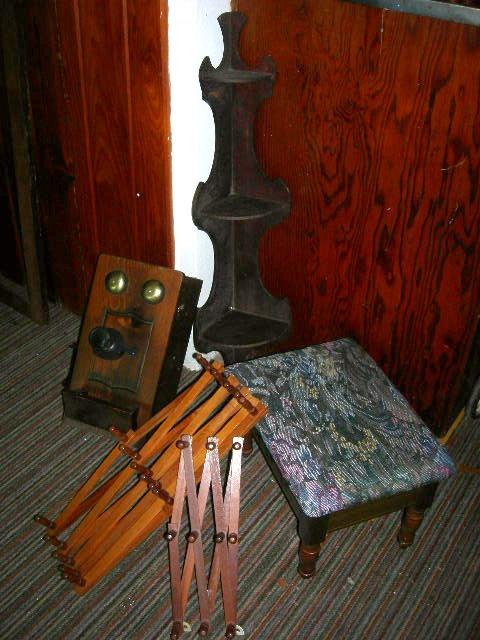 MISC WOOD ITEMS: Log Includes Corner Whatnot Shelf, 32" Tall; Wall Phone Storage Box, 2 Expandable Hat Racks, Storage Foot Stool w/Tapestry Top.