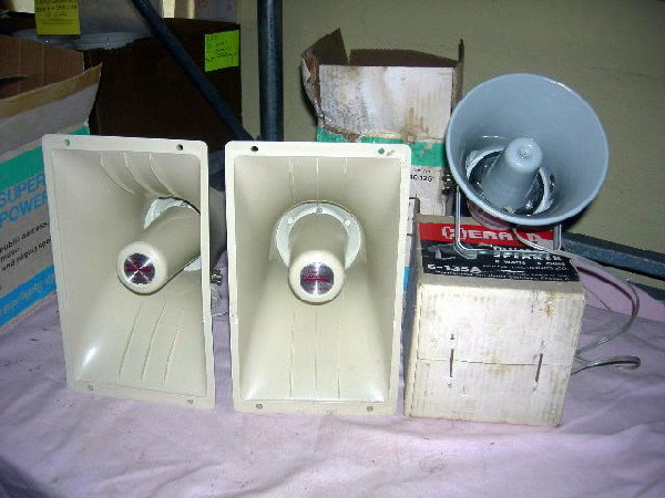 3 POWER HORN SPEAKERS: Lot Includes Three Mint In Box Speakers: One Herald Trumpet Speaker S-135A, 8 Watts, 8 Ohms; and 2 Realistic Powerhorn Public Address, Music & Paging Speakers, 40-1251, 40 Watts, 8 Ohms.