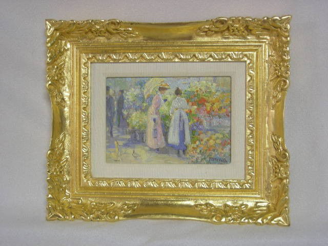 ROBERT HAMMAN OIL ON CANVAS OF FLOWER STALL: Oil painting, Victorian ladies (seller and buyer with umbrella) at open flower street stall, signed lower right Hamman, titled on verso Selecting the Bouquet, image 4.5" tall x 6.5" wide, framed in or