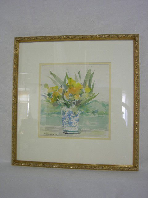 ANDRE GISSON FLORAL WATERCOLOR: Well done watercolor under glass of flowers in blue and white vase, signed lower left Gisson, image 9" tall x 8.75" wide, framed 17" x 16.5" wide.