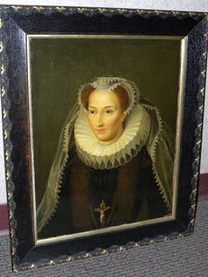 OIL ON CANVAS OF TUDOR LADY: Oil painting possibly of Mary Queen of Scots in interesting frame, image 19.25" tall x 15" wide, framed 24" tall x 20.5" wide.