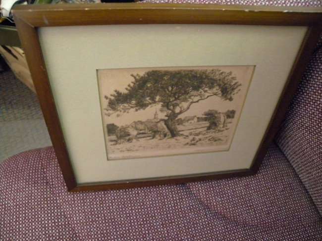 MULLER WERTHER LANDSCAPE ETCHING: Etching under glass possibly by Heinrich Muller-Werther, old tree in hay field with church and other building in background, signed lower right, image almost 4 5/8" tall x 5.5" wide, framed 8.75" tall
