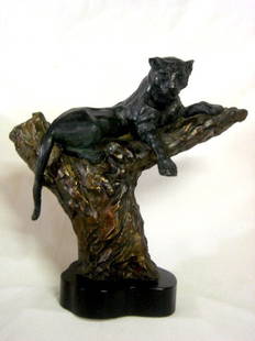 LEROY NEIMAN BRONZE PANTHER - VIGILANT: Limited edition bronze panther draped on limb in two color patina, signed LeRoy Neiman and dated 1987 bottom back, 218/350, set on wooden base, 16" tall x 16" wide. Vigilant is one of only five sculpt