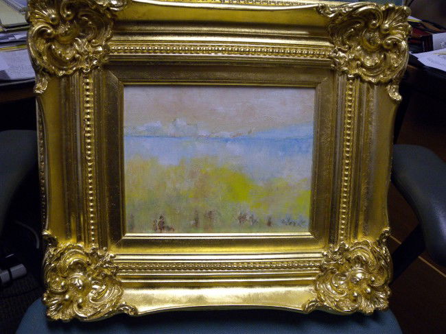 WARIK WHEATLEY IMPRESSIONISTIC OIL OF LAKE GENEVA: Oil painting on canvas of Lake Geneva, signed lower right, Warik has art in many royal and famous households, image 7.5" tall x 9.5" wide, framed in gold leaf 16 1/8" tall x 18" wide.