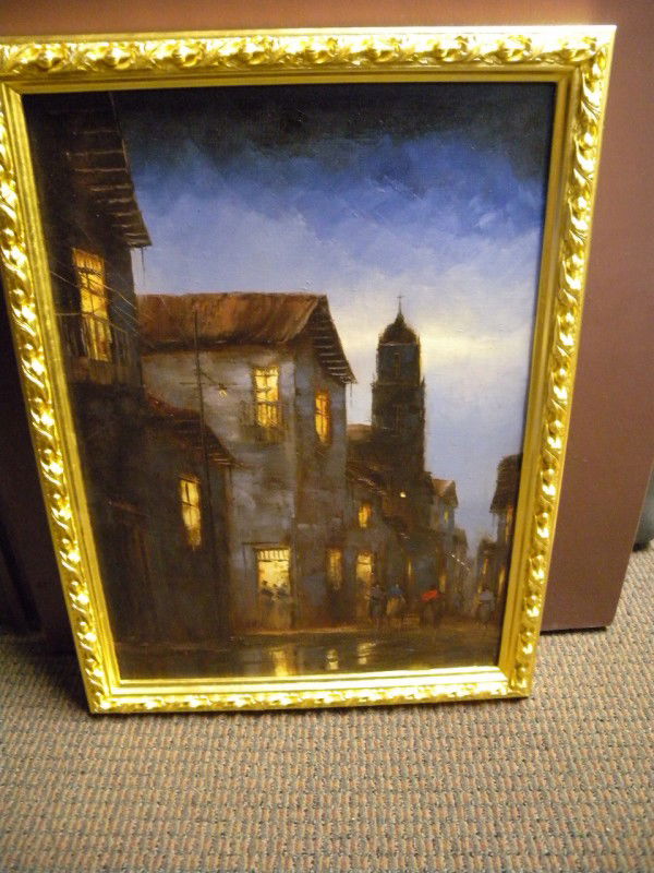 OIL ON CANVAS CITY EVENING SCENE: Oil painting depicting city evening scene with lighted windows, signed illegibly lower right, image 27 1/8" tall x 19 1/8" wide, famed in gold leaf 30 5/8" tall x 22 7/8" wide.
