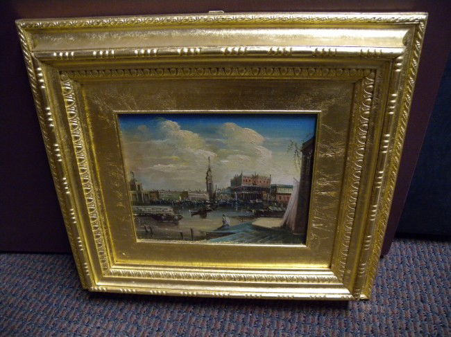SIGNED OIL ON CANVAS OF VENICE: Colorful oil painting, water scene, signed illegibly lower right, image 7 5/8" tall x 9 5/8" wide, framed in gold leaf 16.75" tall x 18 5/8" wide.