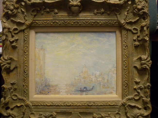 WARIK WHEATLEY IMPRESSIONISTIC OIL OF VENICE: Oil painting on canvas, Venice, signed lower left Warik whose work resides in many royal and famous households, image 7.25" tall x 9.25" wide, framed 15" tall x 17" wide.