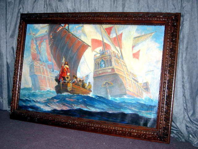 GEORGE MURRAY CHRISTOPHER COLUMBUS OIL ON CANVAS: Quality oil painting by listed artist, Columbus disembarking from his ships and heading to shore, signed lower right, image 31" tall x 49" wide, framed 39" tall x 59" wide.