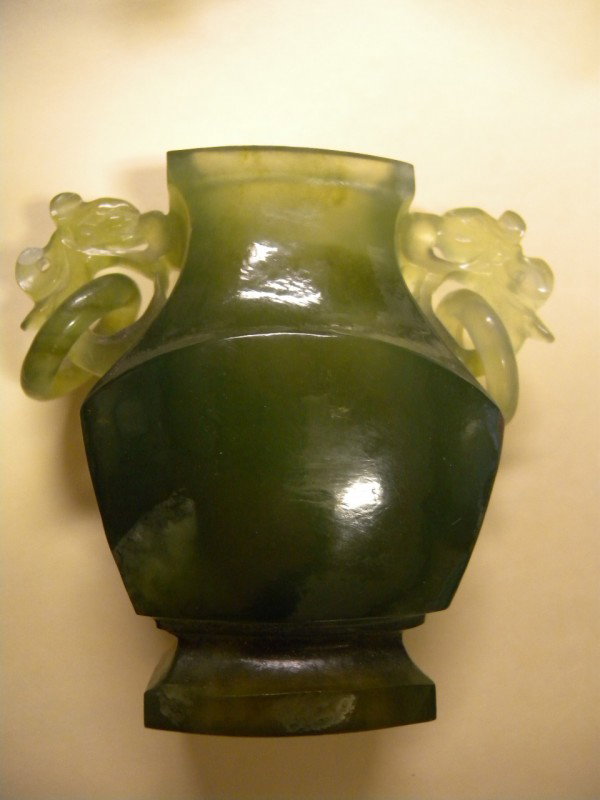 ORIENTAL MINIATURE URN: Bowenite serpentine urn with rings dropping from carved ears, Chinese 20th century post war, 3 3/8" tall x 3 5/8" wide across ears.
