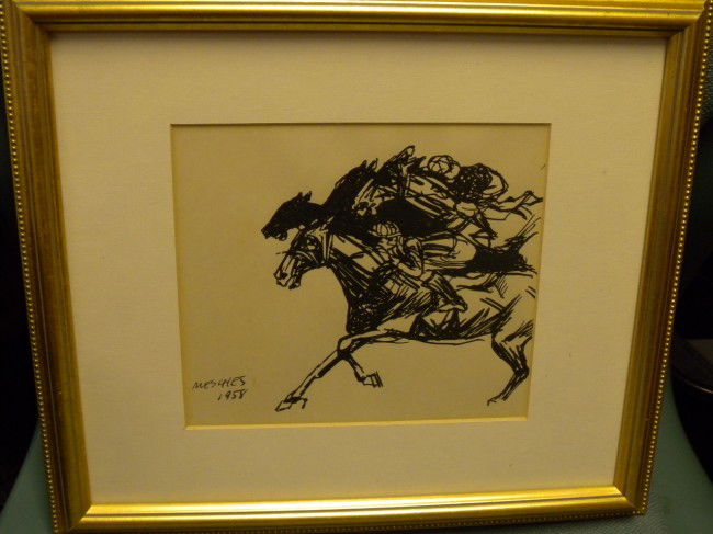 ARNOLD MESCHES RACING DRAWING: Felt tip drawing on paper by Mesches a listed artist, Arnold Mesches (New York 1923- ), titled The Horse Race, horses moving to left, signed lower left and date 1958, image 6.75" tall x 7.75" wide, fr