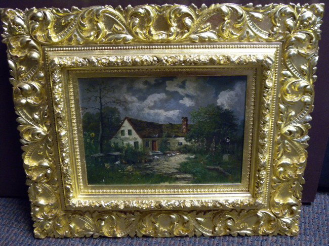A. T. BAZANE (FRANCE, 19TH/20TH C.) LANDSCAPE OIL : Oil painting on canvas of cottage with ducks in front yard, background with deciduous trees and cumulus clouds, signed lower left, image 12.5" tall x 9" wide, framed ornately in gold leaf frame 19.25"