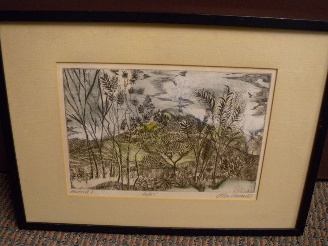 ALEC COWAN LIMITED EDITION LANDSCAPE ETCHING: Colored etching, hills and fields with trees and flowers, pencil signed lower right Alex Cowan 67, edition 2/25, pencil titled lower left Pastoral 1, plate mark 7.25" tall x 11" wide, framed 13.25" ta
