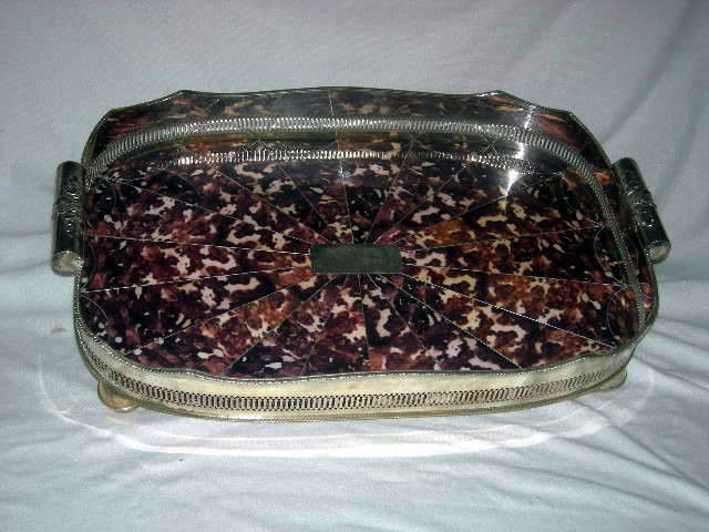 SILVERPLATE TRAY W/FAUX TORTOISE SHELL INLAY: Large Gallery Silverplate Tray w/Faux Tortoise Shell Inlay Outlined w/Silver Radial Fan terminals Merging at Center Rectangular Plaque (No Monogram) , Bun Feet & Vertical Pierced Sides, Scroll Handles