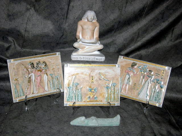 DECORATIVE EGYPTIAN COLLECTION: Decorative Egyptian Collection Inc. Plaster Sculpture of Man w/Hieroglyphics, 7"T; Plaster Green Tone Mummy 6.5"L; 3 Clay Tiles, 5.75" x 7.75".