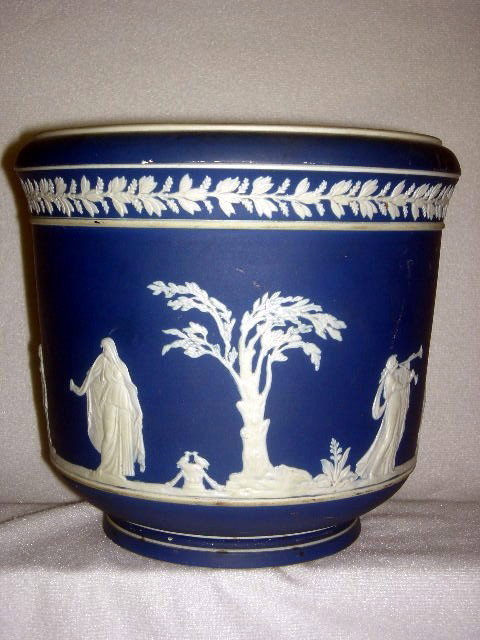 ADAMS BLUE JASPERWARE: Adams Blue Jasperware Jardiniere, Landscape w/Figures In Silhoutte & Garland Below Rim, Underside Impressed "ADAMS", "Tunstall England", & "J.C.", 8.5"D X 7.75"T.