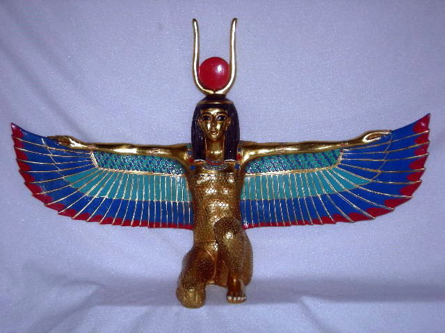 ISIS FIGURE: Ancient egyptian isis figure, gold body, colorful open wings, 23.5"W x 15"T.