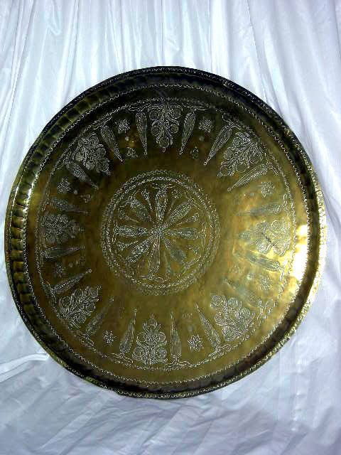 ETCHED BRASS TRAY: Large Etched Brass Tray w/Floral Center Medallion, & Crimped Rim, Back Has An Applied Metal Ring For Wall Mounting, 30"D.