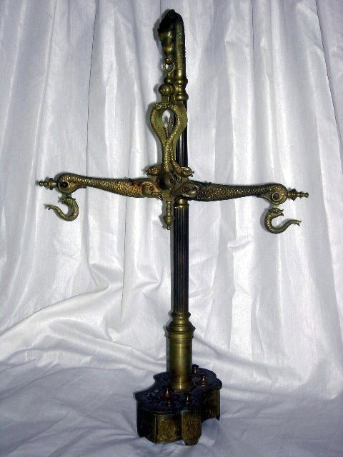 BRASS DOLPHIN BALANCE SCALES: Brass Dolphin Balance Scales w/Weights Inset Into Weighted Base, Marked UAL, Portugal, 20th Century, 24"T.