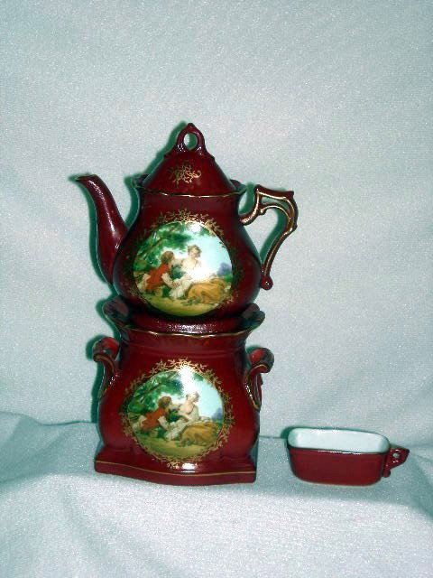 LIMOGES TEA POT & WARMER: Limoges Tea Pot & Warmer w/Insert Candle Holder, Burgundy w/Romantic Period Couple Pictured, 11"T.