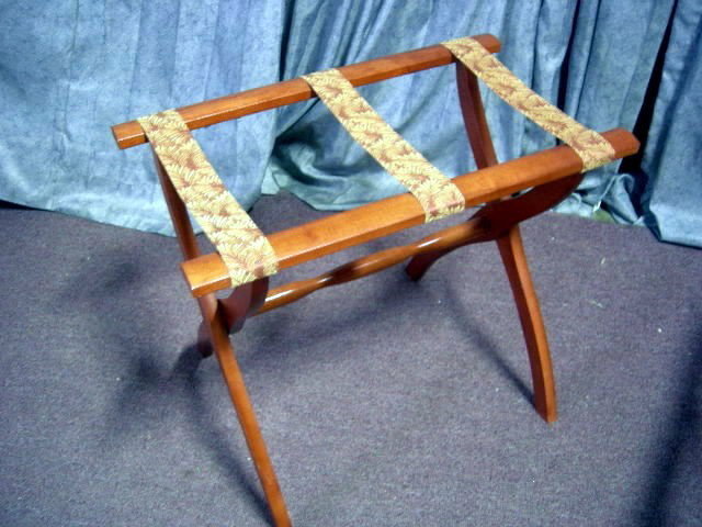 LUGGAGE STAND: Natural Wood Scheibe Luggage Stand w/3 Tapestry Bands, 19.75" Tall.