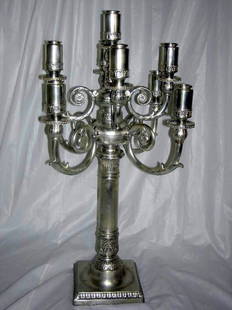 STERLING CANDELABRA: Large Nine-Light Candelabra, Polished Stem Repoussé to Dome to Square Molded Base, Classical Scrolled Arm Branches, Sterling, German, Robbe & Berking, Over 200 Troy, 29"T.