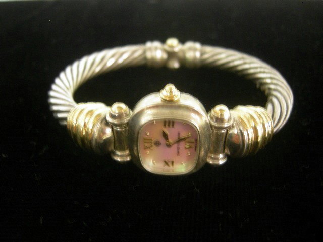 DAVID YURMAN WATCH: Two-tone ladies watch by David Yurman, Swiss made, twisted rope band, marked 925. Invoice for $1,600.