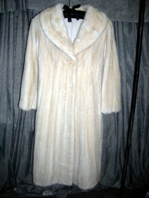 FURS - FULL LENGTH MINK COAT: Off White Full Length Mink Fur Coat w/Shawl Collar, Silk Lining w/Embroidery & Tie, 48"Long, 15.5" Interior Shoulder Width.