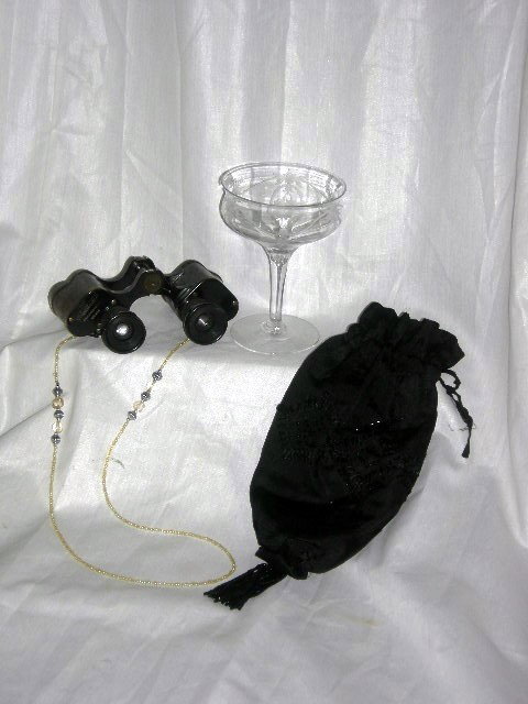 A Night At The Opera Lot: Opera Ensemble Inc. Vintage Beaded Evening Bag, 10"L; Opera Binocular Glasses; Etched Crystal Champagne Glass, 5"T.