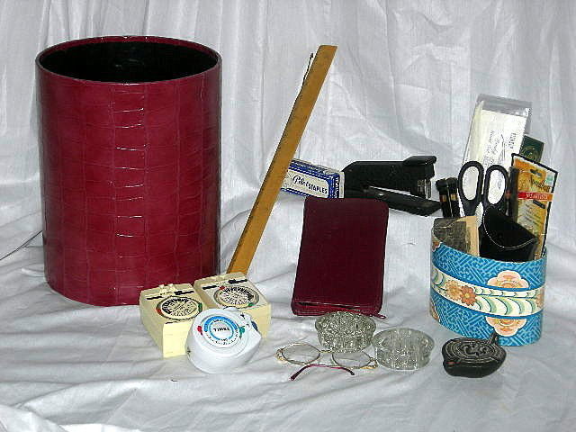 Office Lot: Office Lot Inc Burgandy Waste Basket, 2 Tarsey Heller Corporation Seals, Vintage Stapler, 2 Glass Frogs, Soringen Sissors, Ceramic Greek Oil Lamp, Etc.