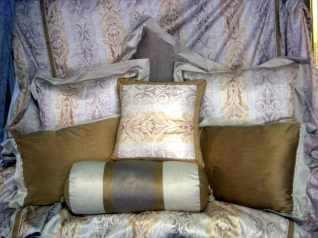 Olivet M Polo Co. Bed Linens Collection: Olivet M Polo & Co. Bed Ensemble Inc. Scandia Down Comforter in Reversible Duvet w/Tassels, 99"L X 88"W; 3 Coordinating European Pillows in Flanged Shams; 2 Bed Pillows in Flanged Shams, 20" X 30"; Bo