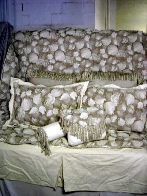 SHELL PATTERN BED LINENS COLLECTION: Shell Pattern Bed Ensemble Inc. Quilted Bedspread w/Cord Trim, 96"X 90"W; 2 Coordinating Solid European Pillows in Bouillon Fringe Shams; 2 Bed Pillows in Flanged Shams w/Cord Trim, 30"L; Neck Roll w/