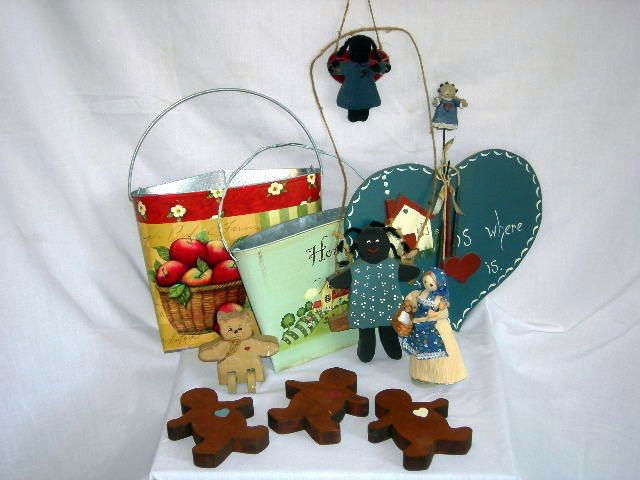 COUNTRY WALL HANGINGS: Country Wall Hangings Including Painted Metal Wall Pockets, Wood Figurines & Heart, 3 Gingerbread Men, 2" T - 13 1/2" T.