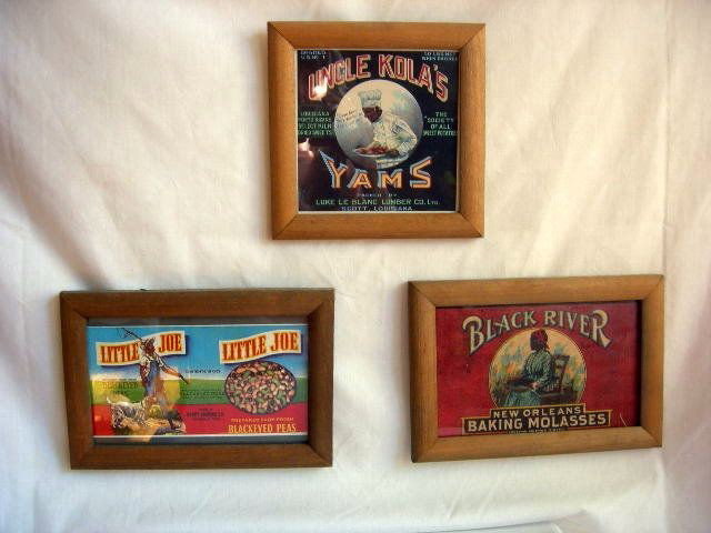 BLACK MEMORABILIA: Three Framed Labels Including: "Uncle Kola's Yams", 7.5" Sq.; "Little Joes Black-Eyed Peas" and "Black River New Orleans Baking Molasses," 6.5" T x 9.5" W.