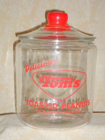 TOM'S TOASTED PEANUTS JAR: Tom's Toasted Peanuts Jar, Red Glass Knob Handle, 10.5" T.
