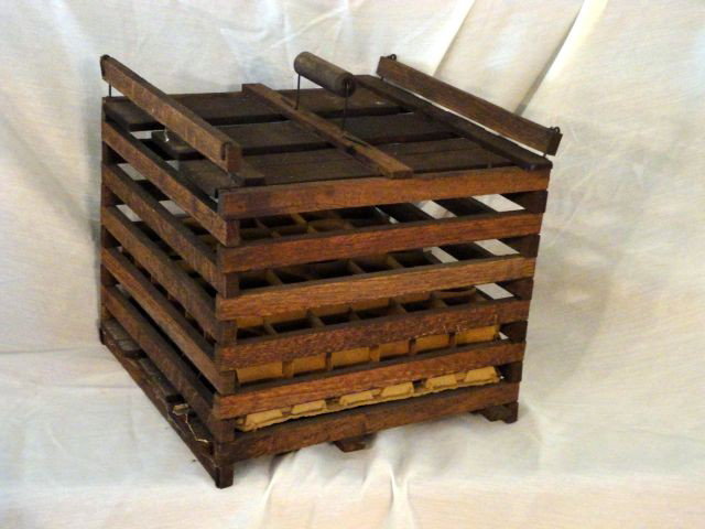 OLD EGG CRATE: Old Egg Crate w/Wooden Handle, Includes Original Cardboard Liner & Egg Seperator, 12.5" W X 12.5" Deep X 11.5" T.
