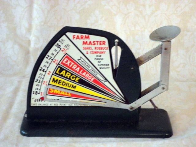 EGG SCALE: Farm Master Egg Scale, Sears, Roebuck & Co. w/Leveling Device, "Jiffy Way", 8"W X 5.25"T.