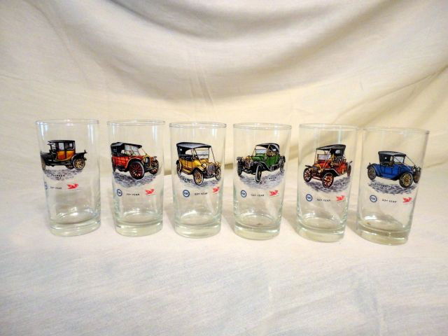 PURE OIL CO. HI-BALL GLASSES: 6 Pure Oil Co. 50th Anniversary Hi-Ball Glasses, Featuring Vintage 1914 Cars Including Dodge, Buick, Chevrolet, Rambler, Packard, Model T Ford, 6.5" T.