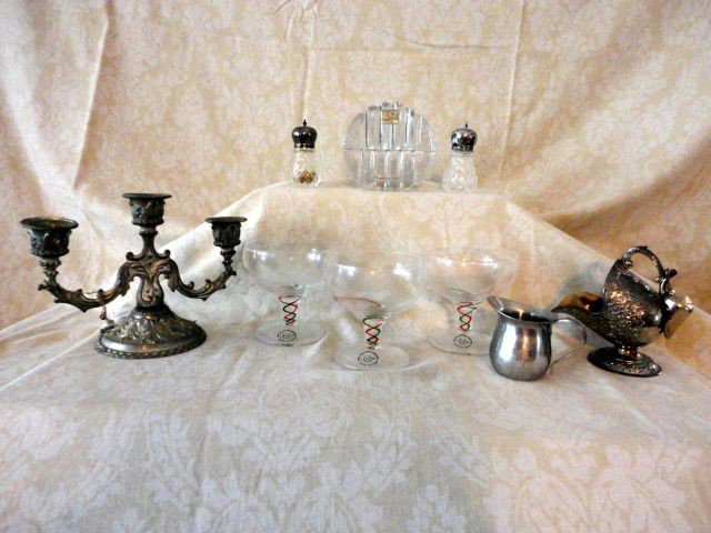 CRYSTAL & SILVERPLATE LOT: Crystal & Silverplate Lot Including Mikasa Trinket Box, Made in Yugoslavia, 4" T; Salt & Pepper Shakers; Master Salt w/Mini Scoop, 4.5" T; Festive Lenox Sherbets, 3.75" T; Small Candelabra, 5.5" T; Cr