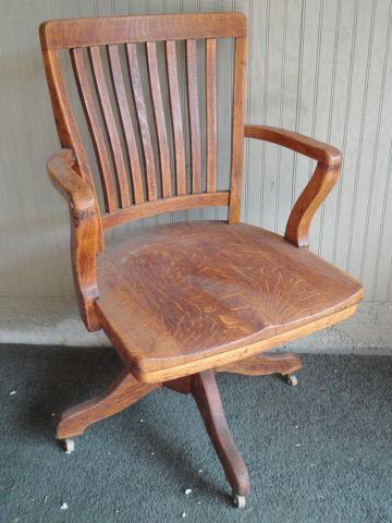 OAK OFFICE CHAIR: Adjustable Height Oak Office Chair w/Swivel Base on Wood Casters, 37" Center Back Height.