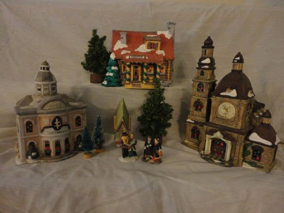 CHRISTMAS VILLAGE: Ceramic Christmas Village w/Lights Including Department 56 "Pinewood Log Cabin," 1989; Centervill City Hall, Marked Ruey Perng Design, 1994; St. Mary's Cathedral, Marked Santa's Workbench Collection, 
