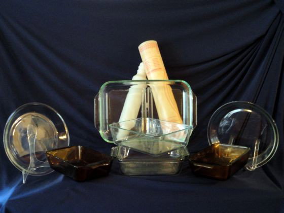 BAKING ESSENTIALS: Baking Essentials Inc. Anchor Hocking Glass Pie Pan, Square Baking Pan, & Two Brown 1 Qt. Bread Pans; Pyrex Glass Pie Pan, 2.75Qt & 3 Qt Covered Baking Pans; & Tupperware Plastic Rolling Pin w/Pastry 