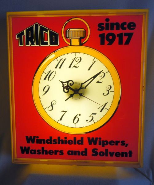 TRICO LIGHTED ADVERTISING CLOCK: Clock Advertising for Trico Windshield Wipers, Washers and Solvent, Since 1917, 16" W X 19" T.