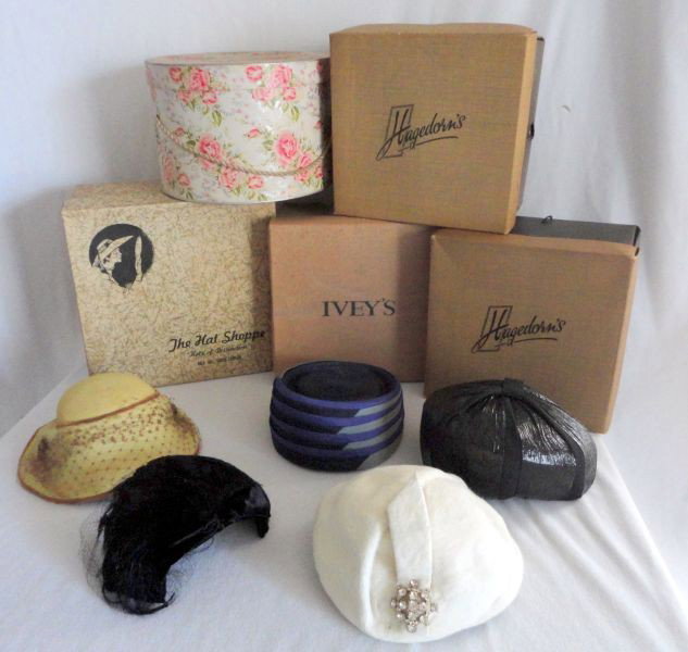 VINTAGE LADIES HAT LOT: Five Ladies Hats w/Boxes Including Nannette, Lady Byrd, Suzanne, and Ranleigh. Black Feathered Hat Unmarked.
