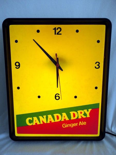 CANADA DRY LIGHTED CLOCK: Ginger Ale Advertising Clock, Made by Duralite, Setting Instructions on Back, 14"W X 17"T.