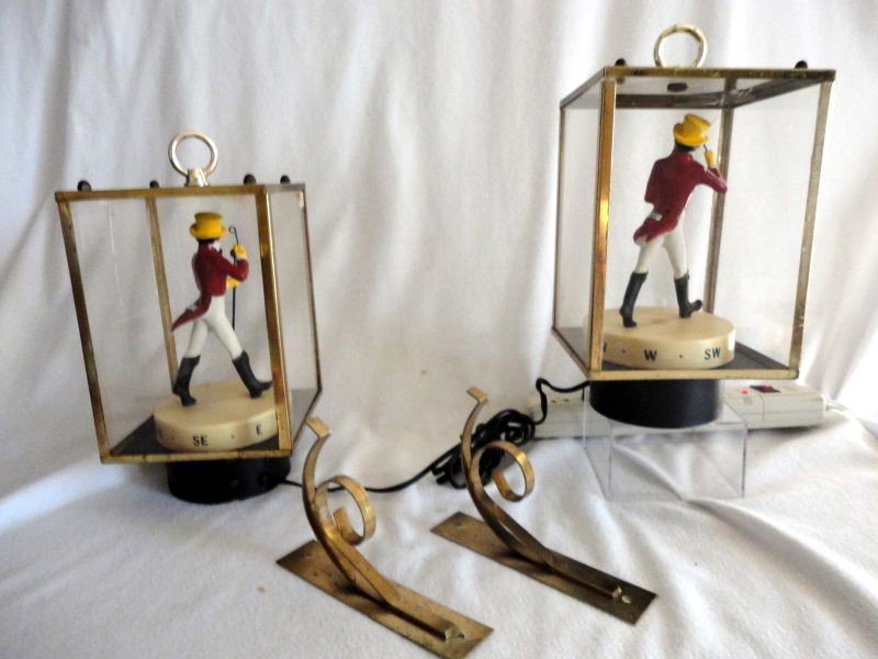 JOHNNY WALKER RED ADVERTISING BAR LIGHTS: Carriage-Style Electrified Advertising Bar Lights w/Hooks For Hanging Plus Wall Mount Brackets, Alluding to the Johnny Walker Motto "Turning Green to Red" as the Revolving Figures On A Compass Base Fl