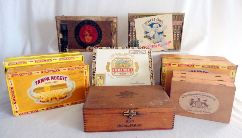 VINTAGE CIGAR BOX LOT: Twelve Cigar Boxes Including White Owl Proud Papa Package, Red Dot and Cuesta-Rey.