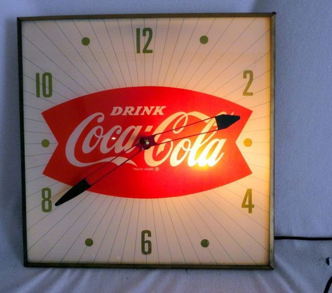 VINTAGE COCA-COLA ADVERTISING CLOCK: 1960s Coke Clock, Pam Illuminated Clock, 15.5"Sq.